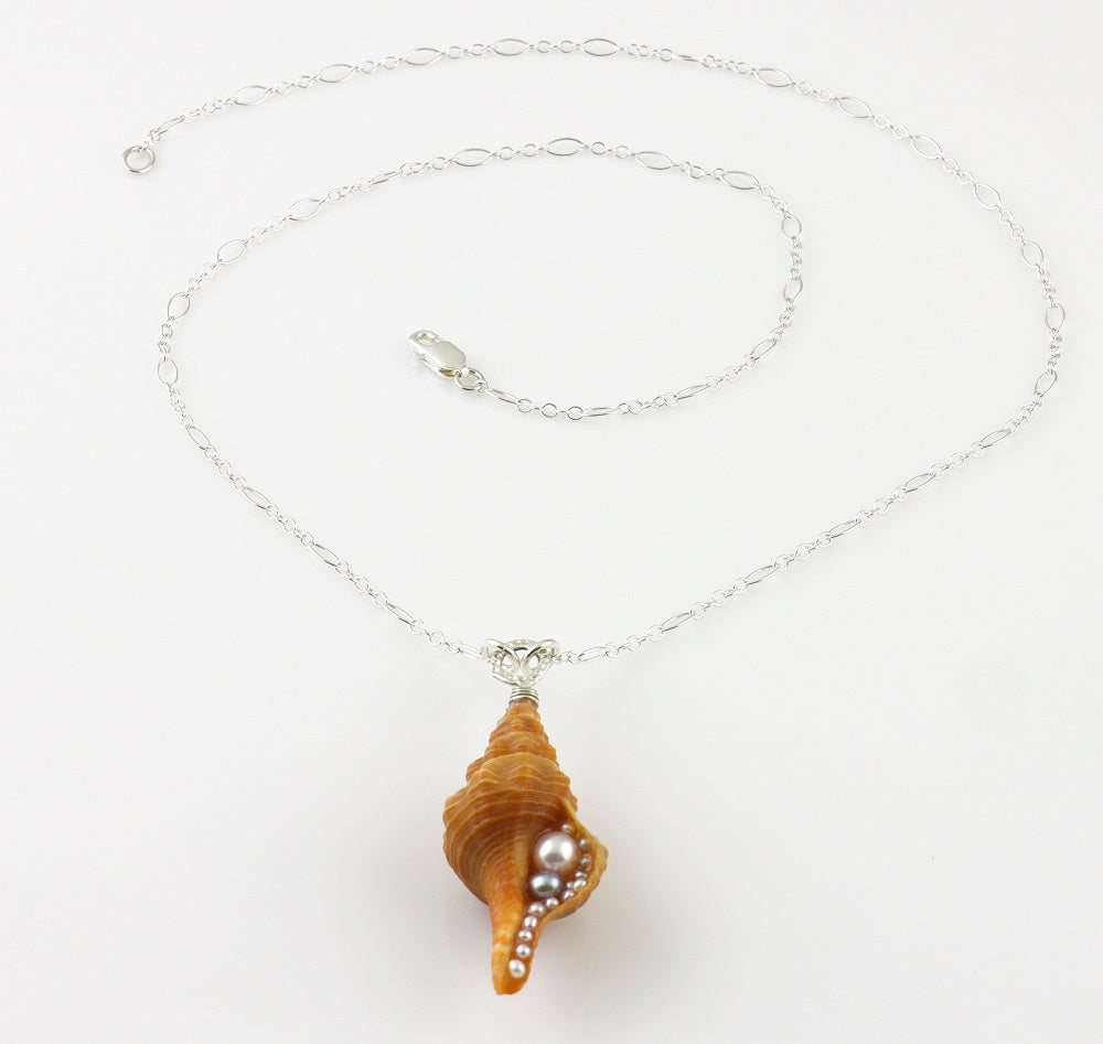 Horse Conch Shell Pendant with Freshwater Pearls