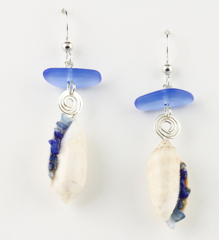 Olive Shell & Cobalt Blue Glass Drop Earrings