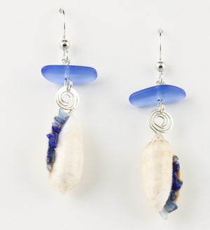
            
                Load image into Gallery viewer, Olive Shell &amp;amp; Cobalt Blue Glass Drop Earrings
            
        