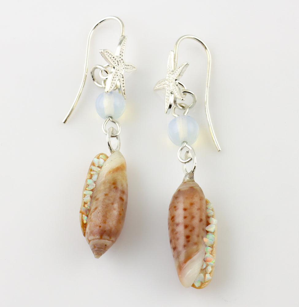 Beige Olive Shell Drop Earrings with Starfish